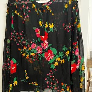 Cabi Black Floral Sheer Blouse with Red, Pink & Yellow Blooms